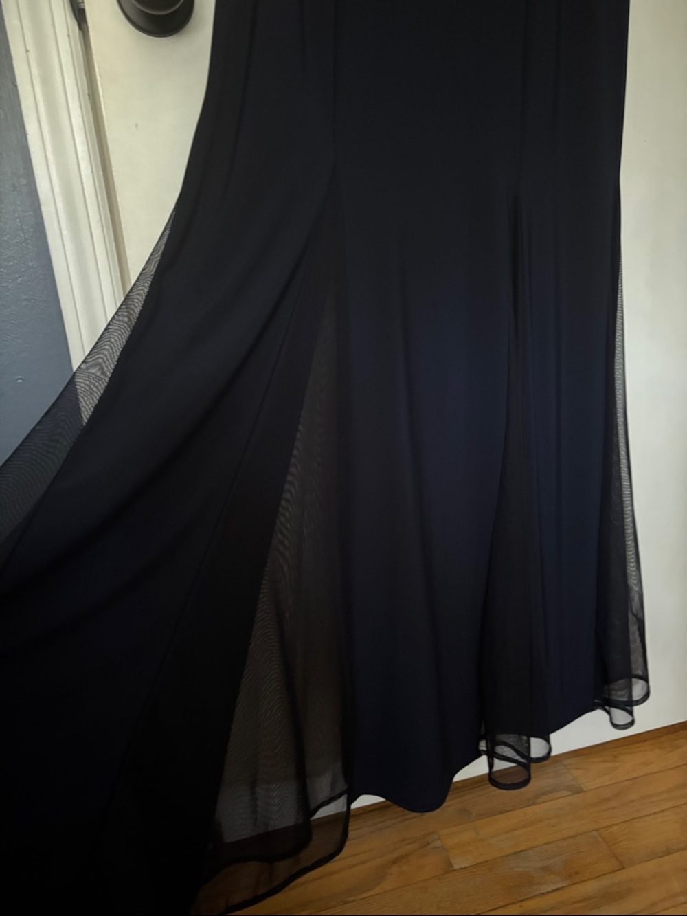Elegant Navy Blue Mesh Yoke Evening Gown - Picture 2 of 5